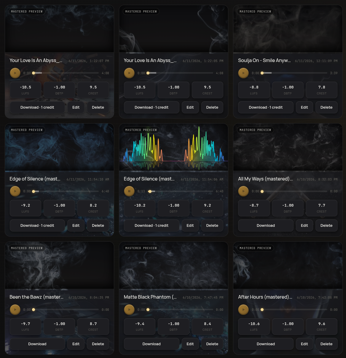 Mastered library with per-track readouts