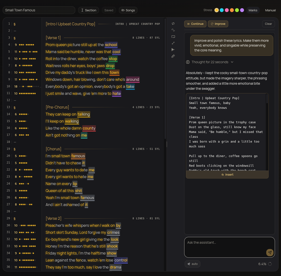 AI lyrics writer with stress and syllable maps