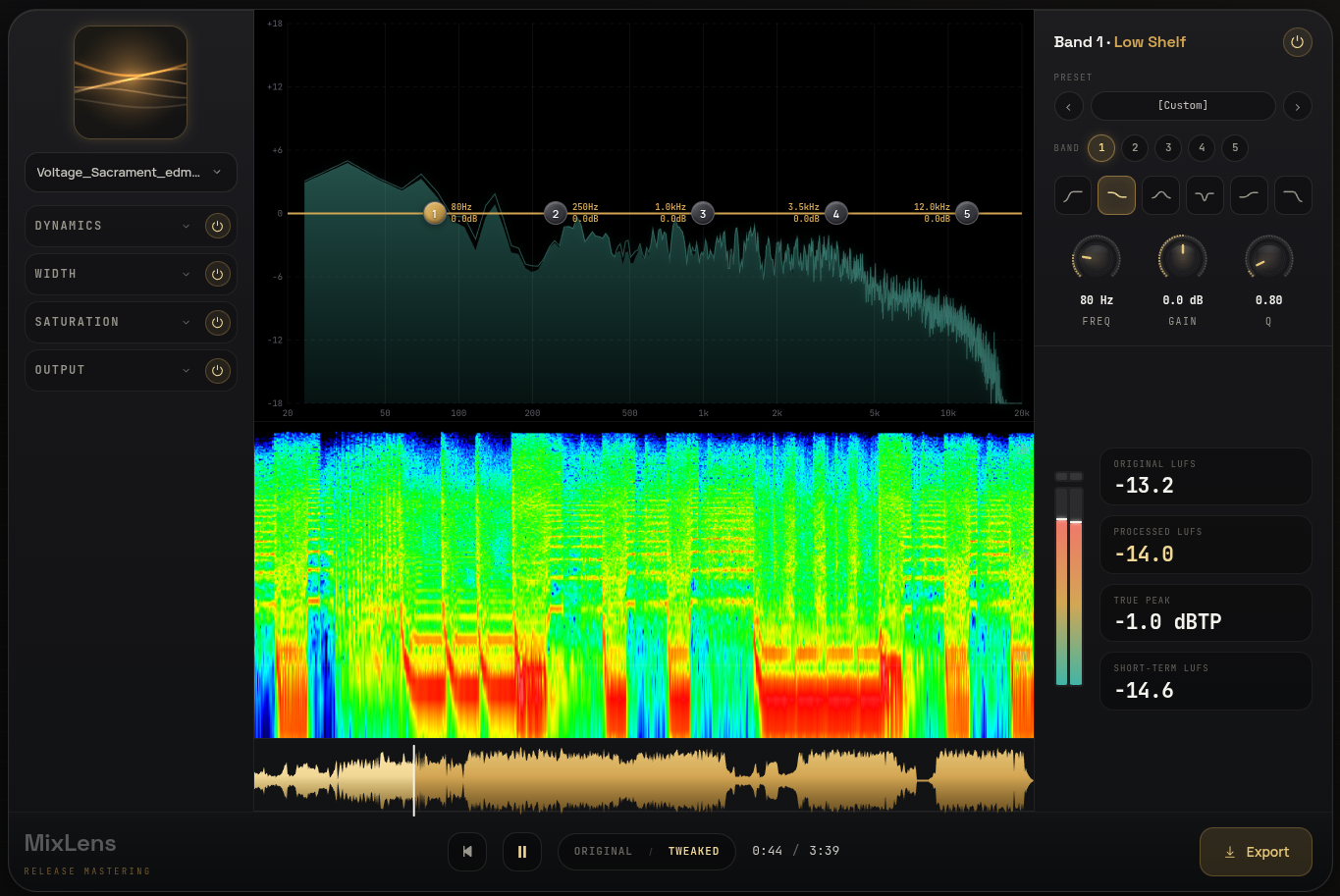MixLens release mastering — 5-band spectral EQ, spectrogram and LUFS metering