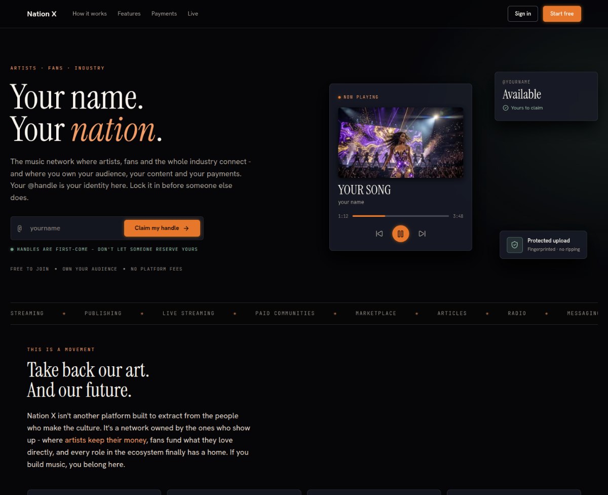Nation X — creator-owned music network landing page built with Suprnova